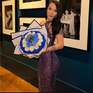 Oh Polly navy Soraya mesh sequin maxi dress